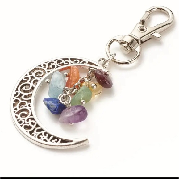BAG CHARM Silver Tone Crescent Moon with Multicolor Dangling Stones - Picture 3 of 4